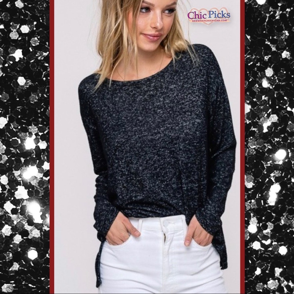 🛍 Black Two tone brushed knit sweater top